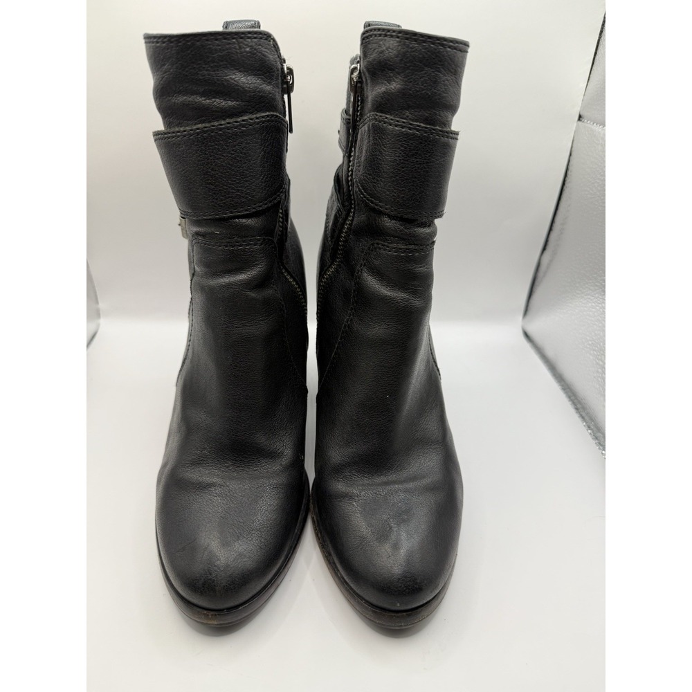 Frye Ankle Boots Women 8.5 Black Leather Buckle Moto Block Heel Zip Booties